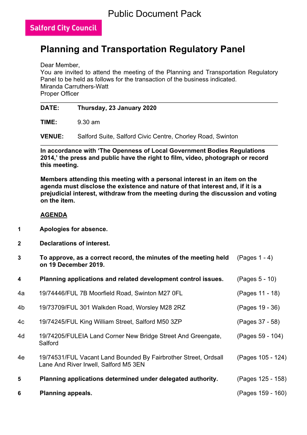 (Public Pack)Agenda Document for Planning and Transportation Regulatory Panel, 23/01/2020 09:30