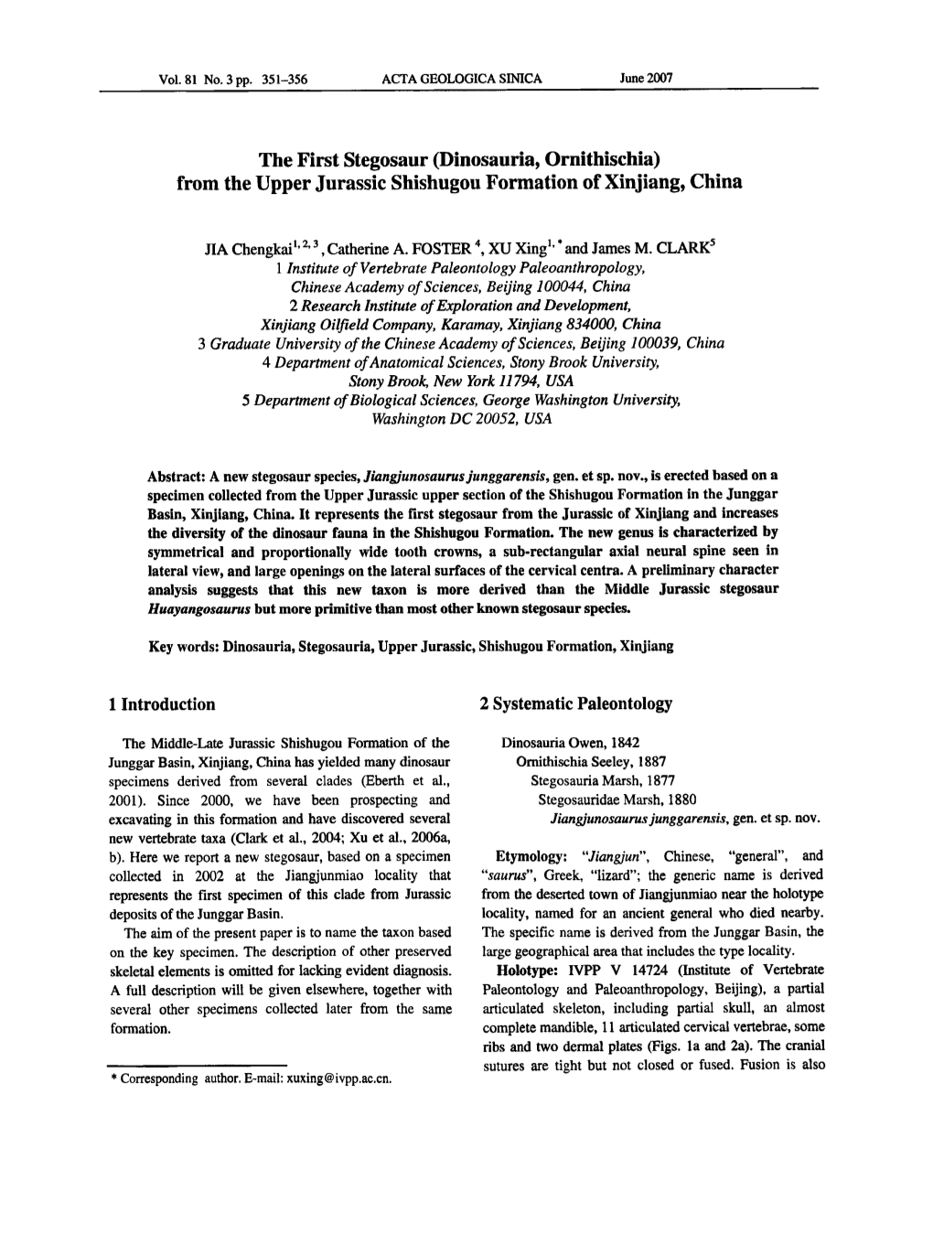 The First Stegosaur (Dinosauria, Ornithischia) from the Upper Jurassic Shishugou Formation of Xinjiang, China