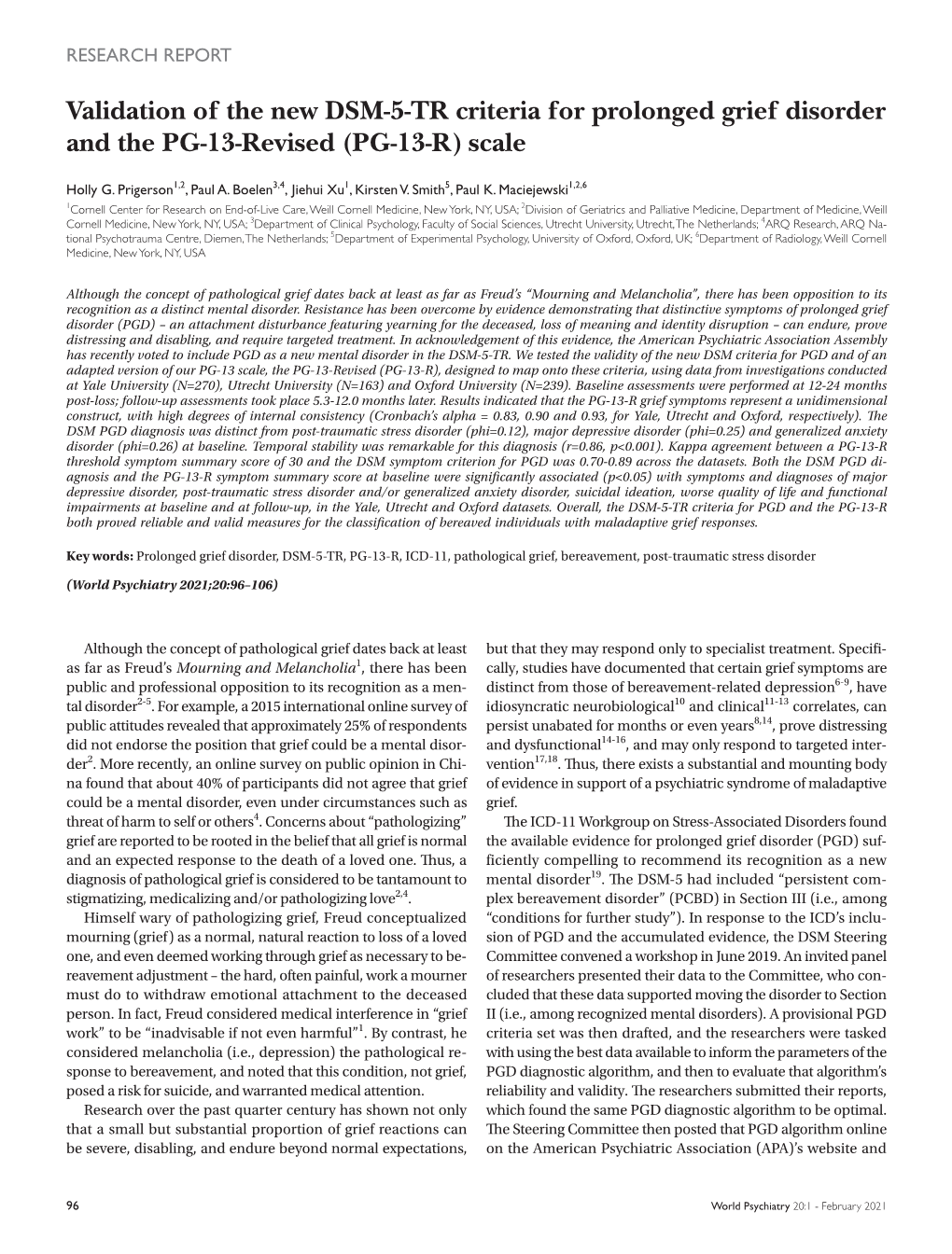 Validation of the New DSM-5-TR Criteria for Prolonged Grief Disorder and the PG-13-Revised (PG-13-R) Scale