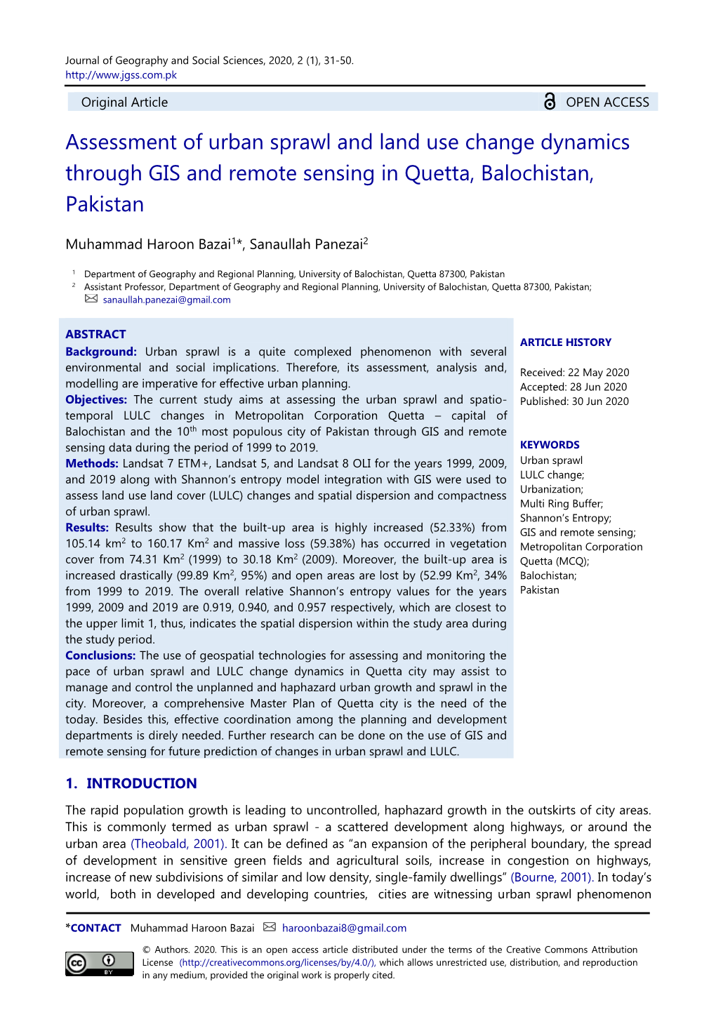 Assessment of Urban Sprawl and Land Use Change Dynamics Through GIS and Remote Sensing in Quetta, Balochistan, Pakistan