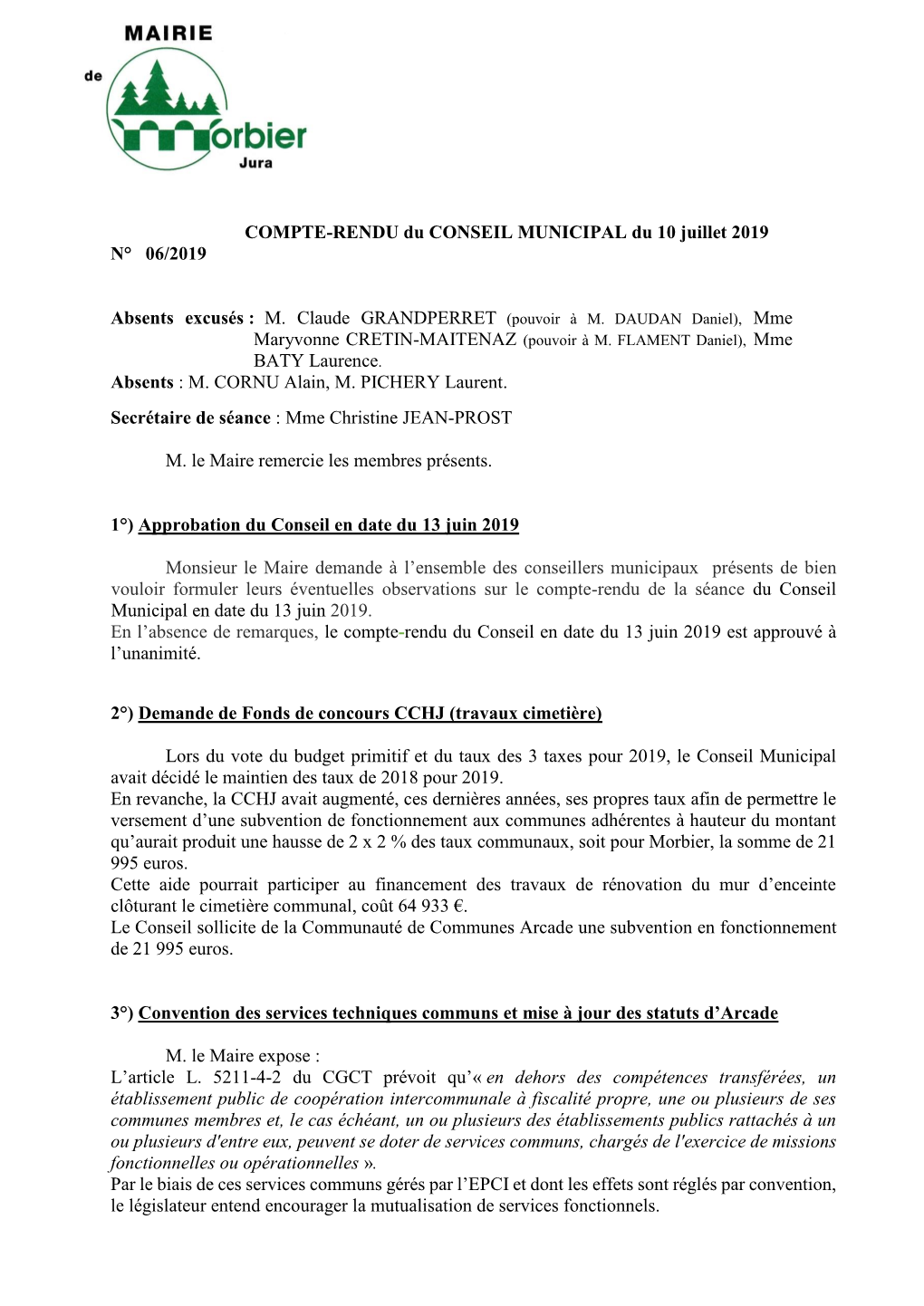 COMPTE-RENDU Du CONSEIL MUNICIPAL Du 10 Juillet 2019 N° 06/2019