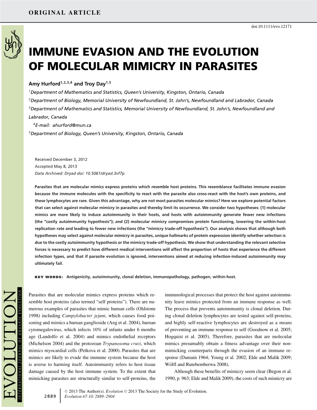 Immune Evasion and the Evolution of Molecular Mimicry in Parasites