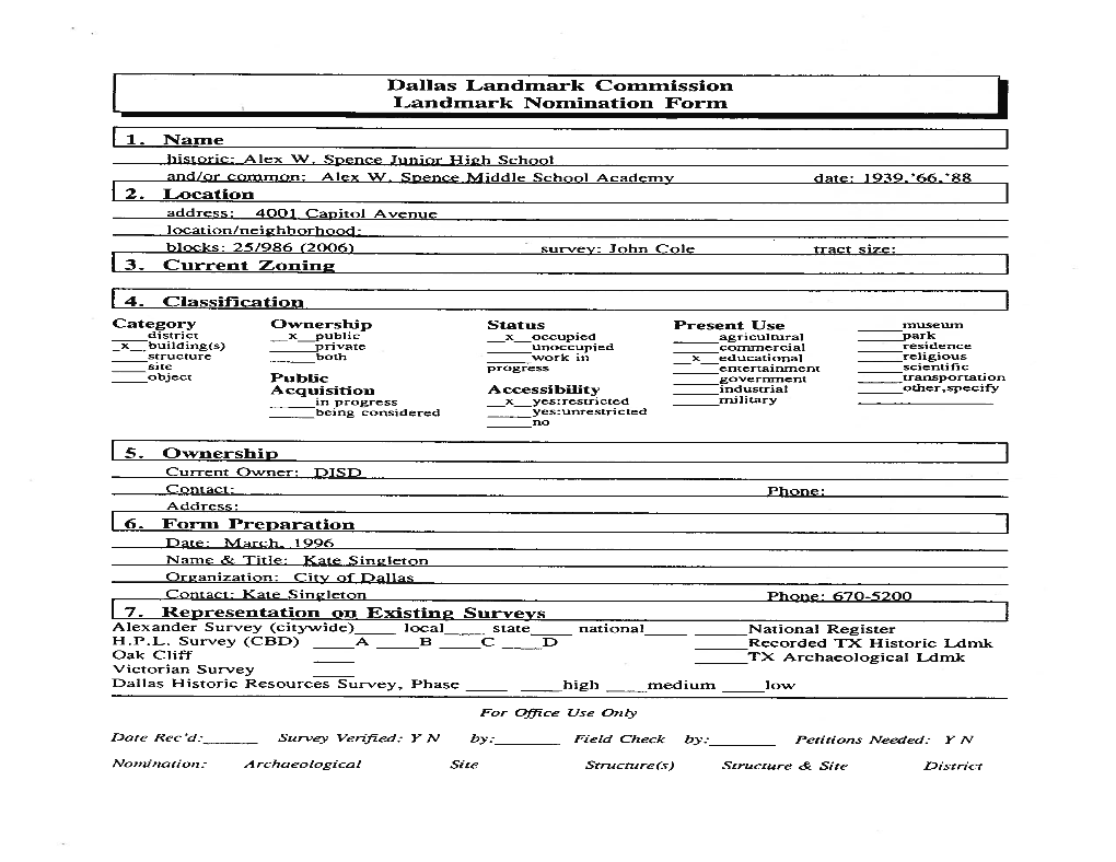 Spence Junior High School Landmark Nomination Form