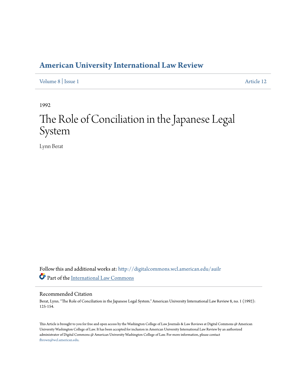 The Role of Conciliation in the Japanese Legal System Lynn Berat