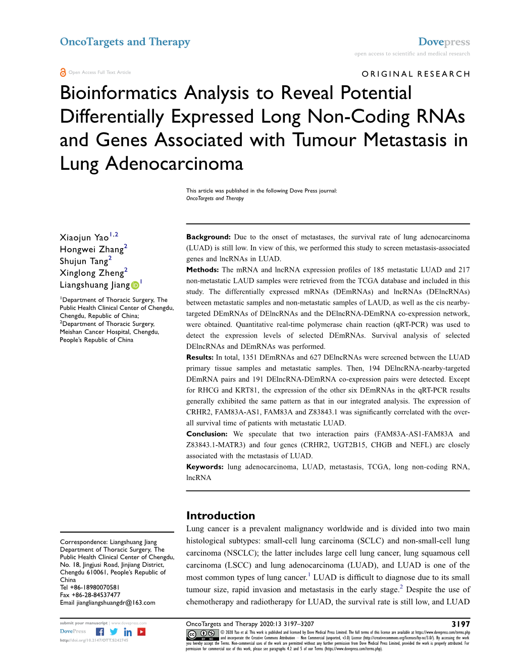 Bioinformatics Analysis to Reveal Potential Differentially Expressed Long Non-Coding Rnas and Genes Associated with Tumour Metastasis in Lung Adenocarcinoma