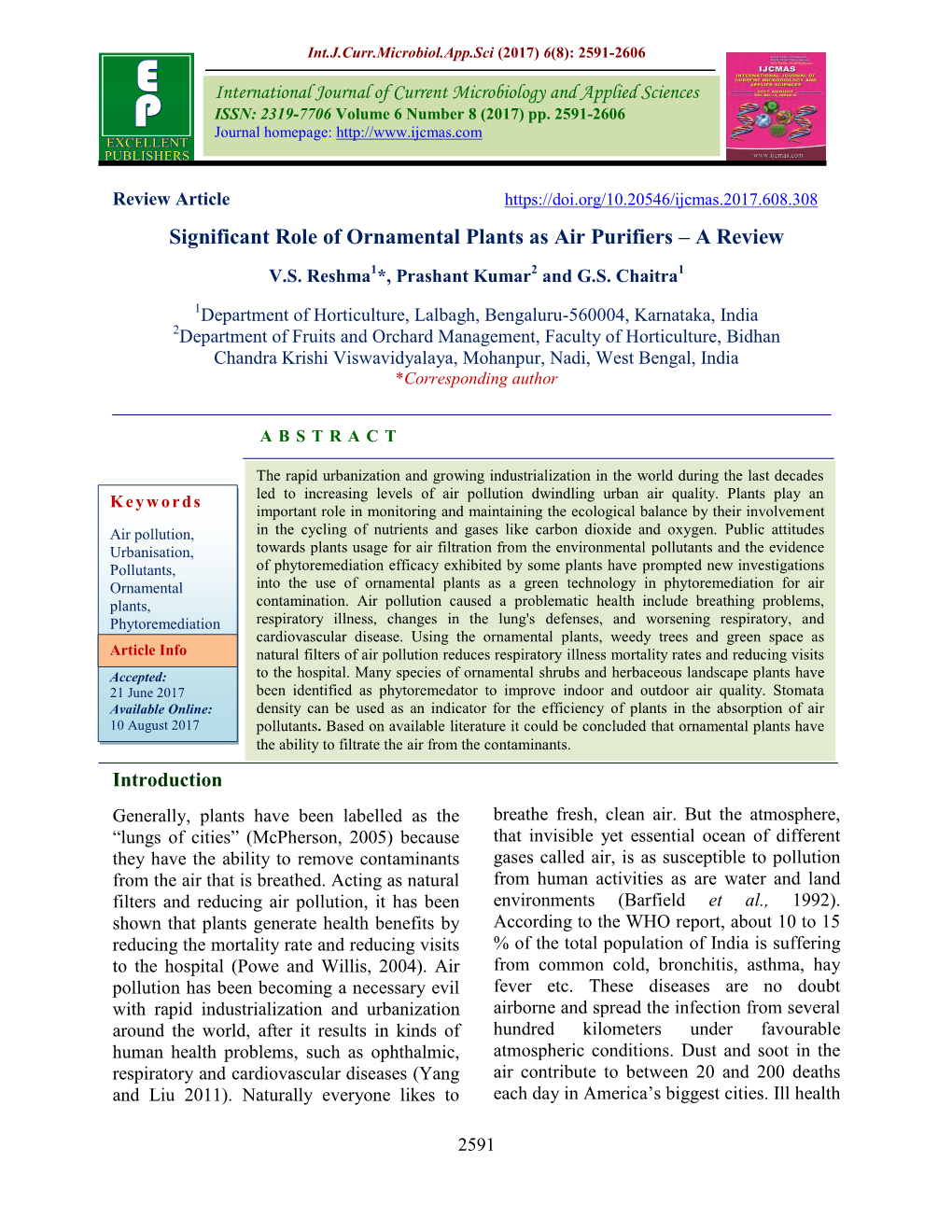 Significant Role of Ornamental Plants As Air Purifiers – a Review