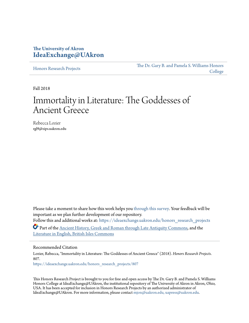 The Goddesses of Ancient Greece Rebecca Lozier Rgl9@Zips.Uakron.Edu