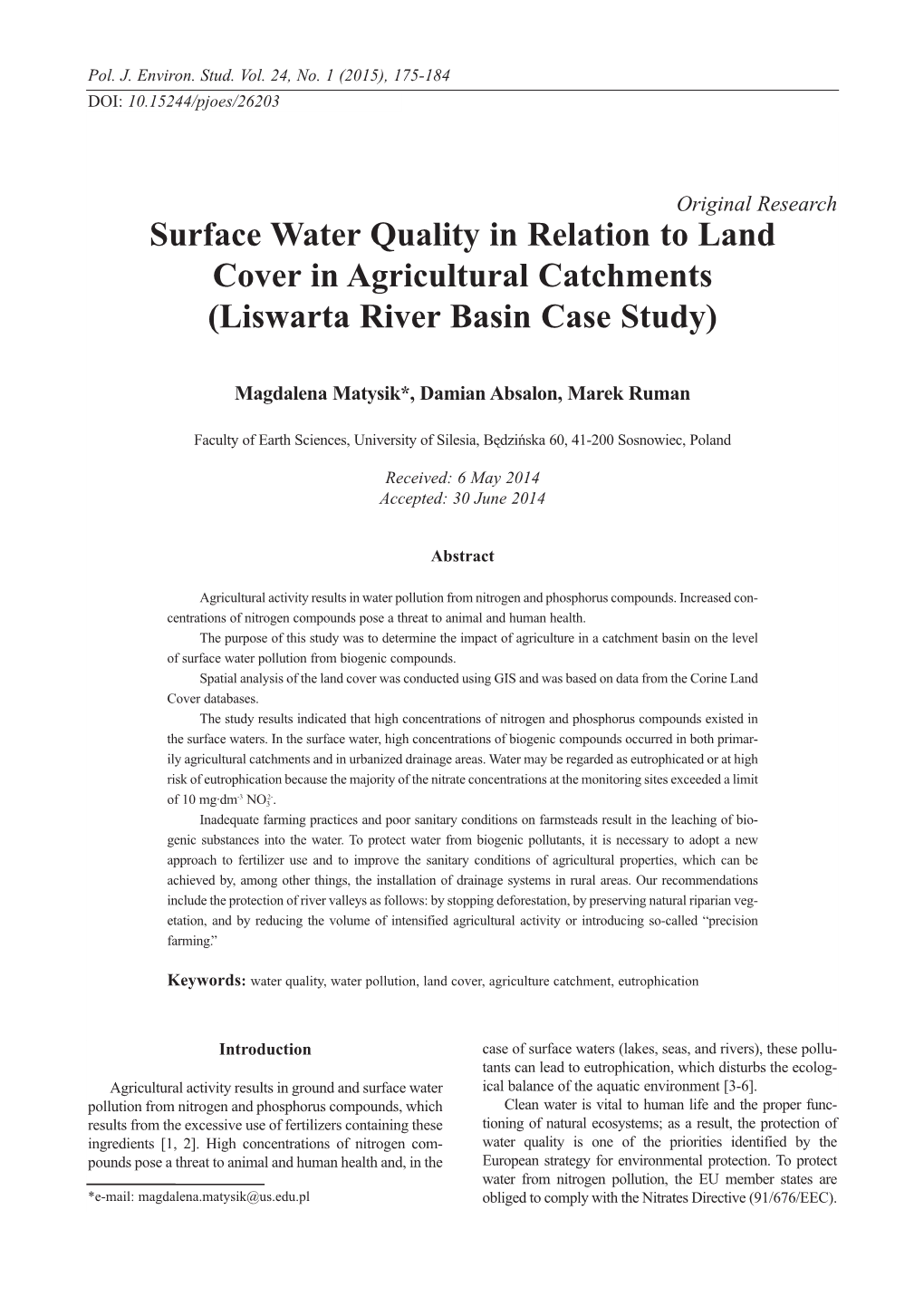 Surface Water Quality in Relation to Land Cover in Agricultural Catchments (Liswarta River Basin Case Study)