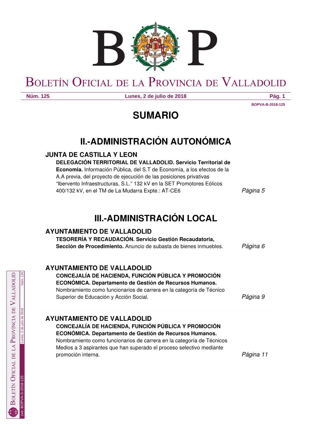 Sumario Boletín Oficial De La Provincia De Valladolid