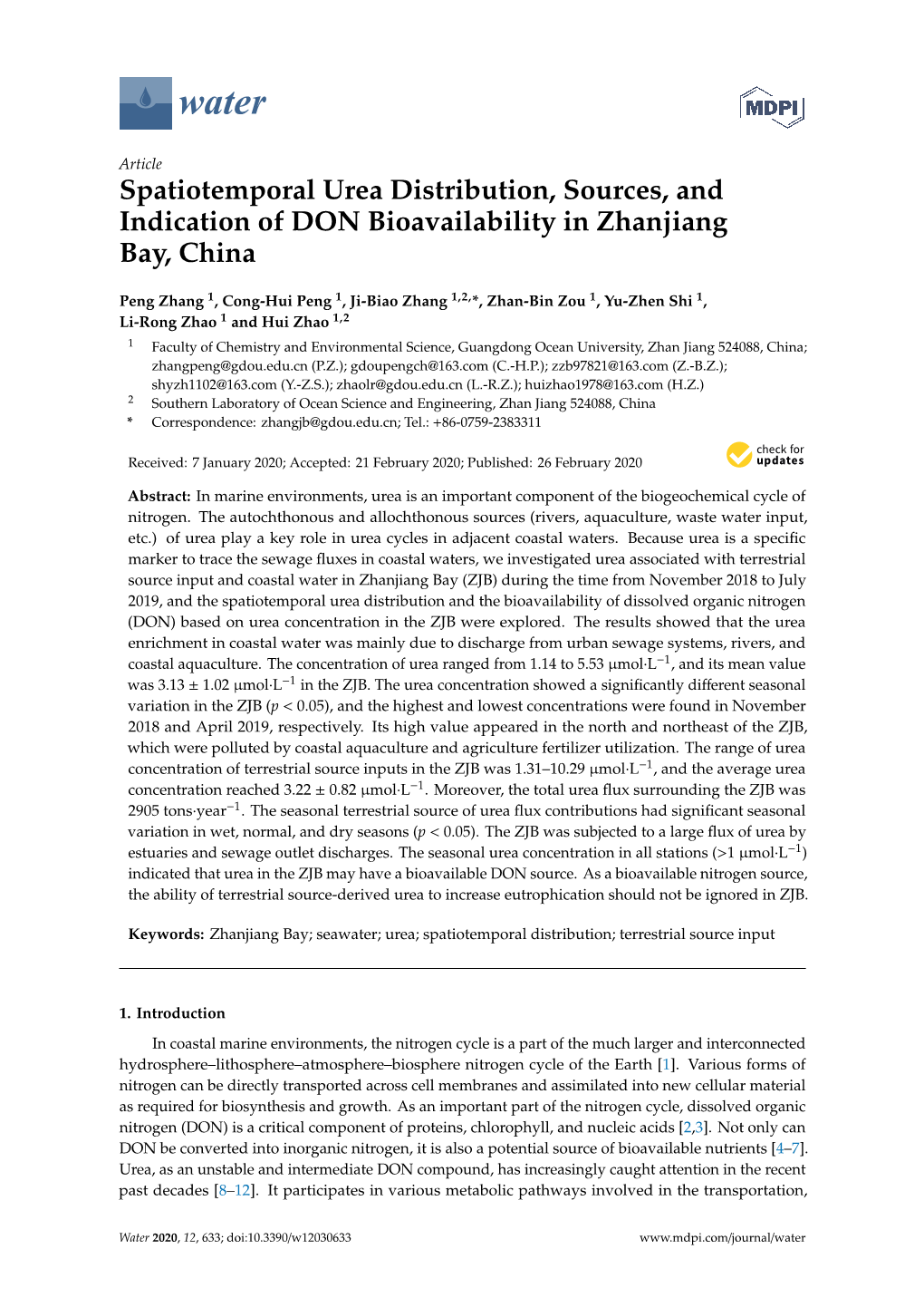 Spatiotemporal Urea Distribution, Sources, and Indication of DON Bioavailability in Zhanjiang Bay, China