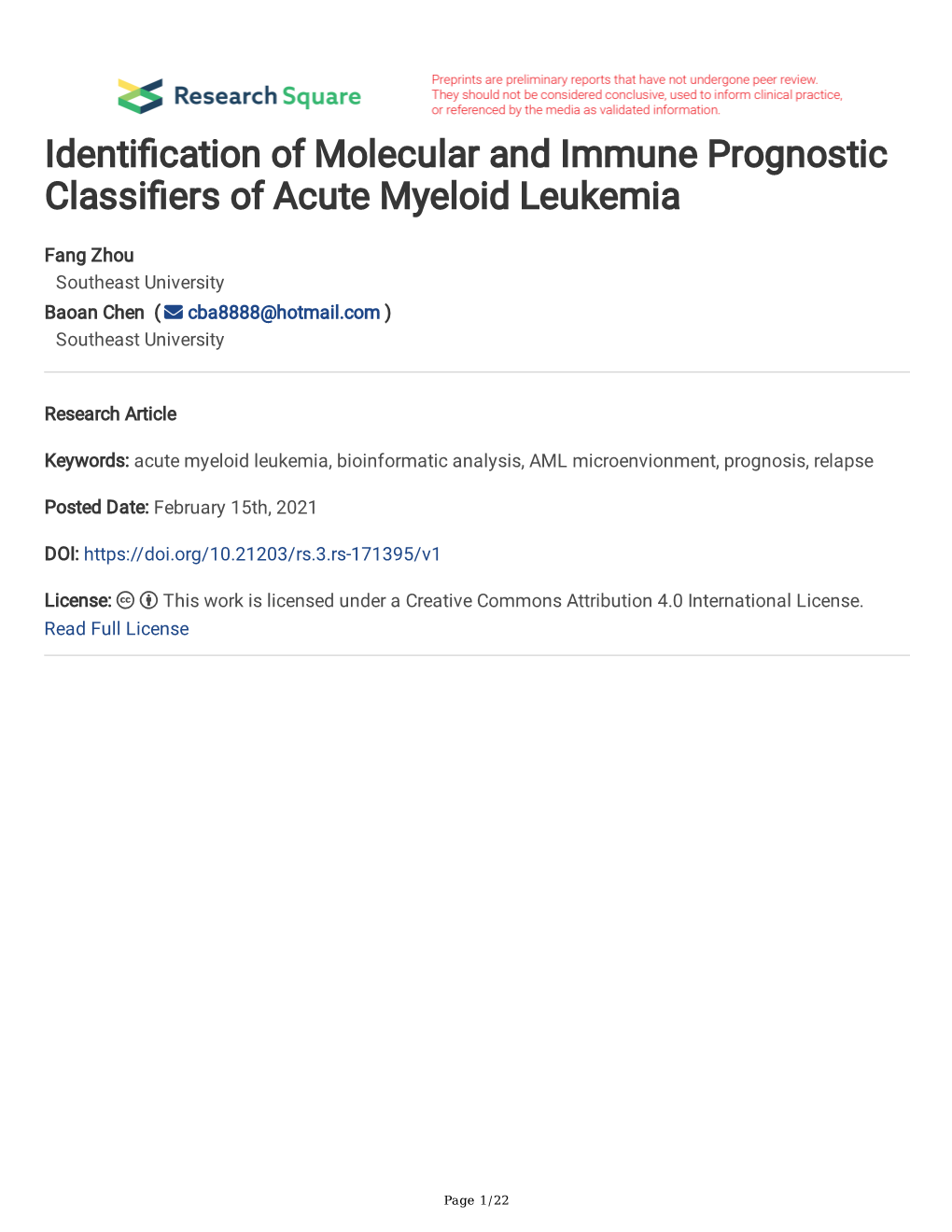 Identi Cation of Molecular and Immune Prognostic Classi Ers of Acute Myeloid Leukemia