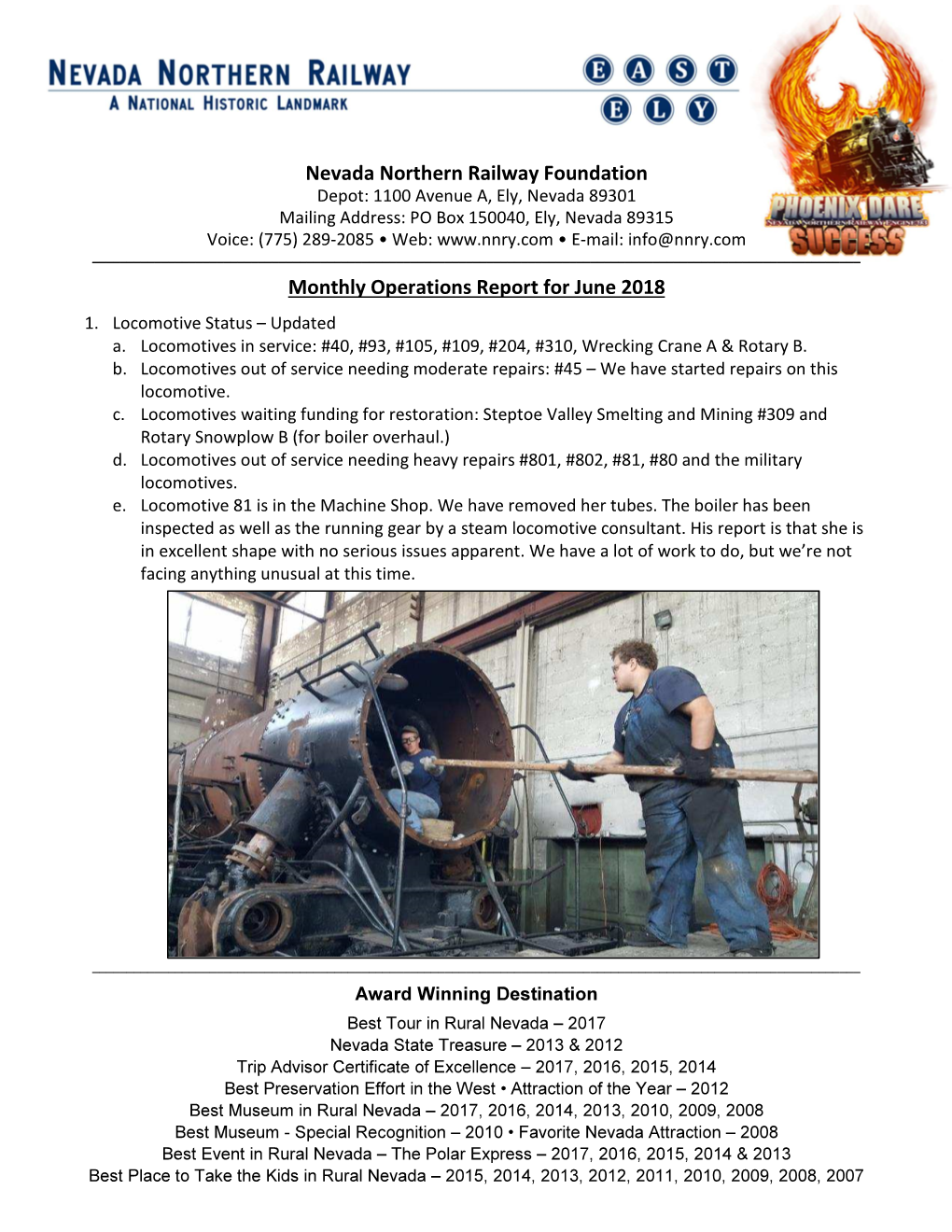 Nevada Northern Railway Foundation Monthly Operations Report for June