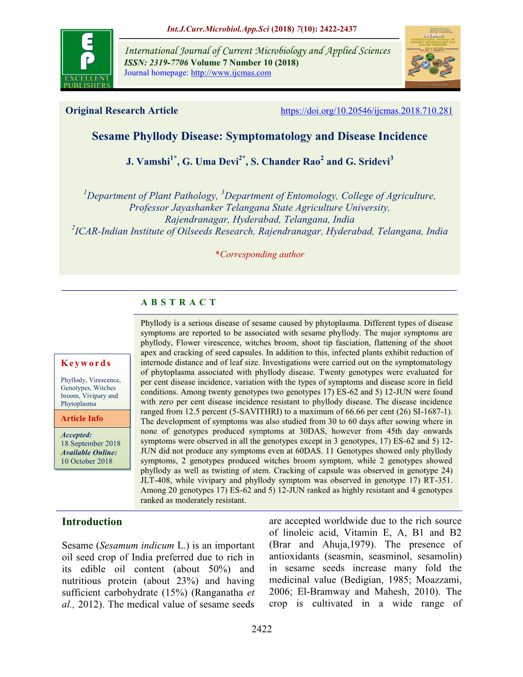 Sesame Phyllody Disease: Symptomatology and Disease Incidence