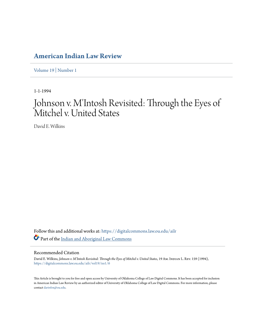 Johnson V. M'intosh Revisited: Through the Eyes of Mitchel V