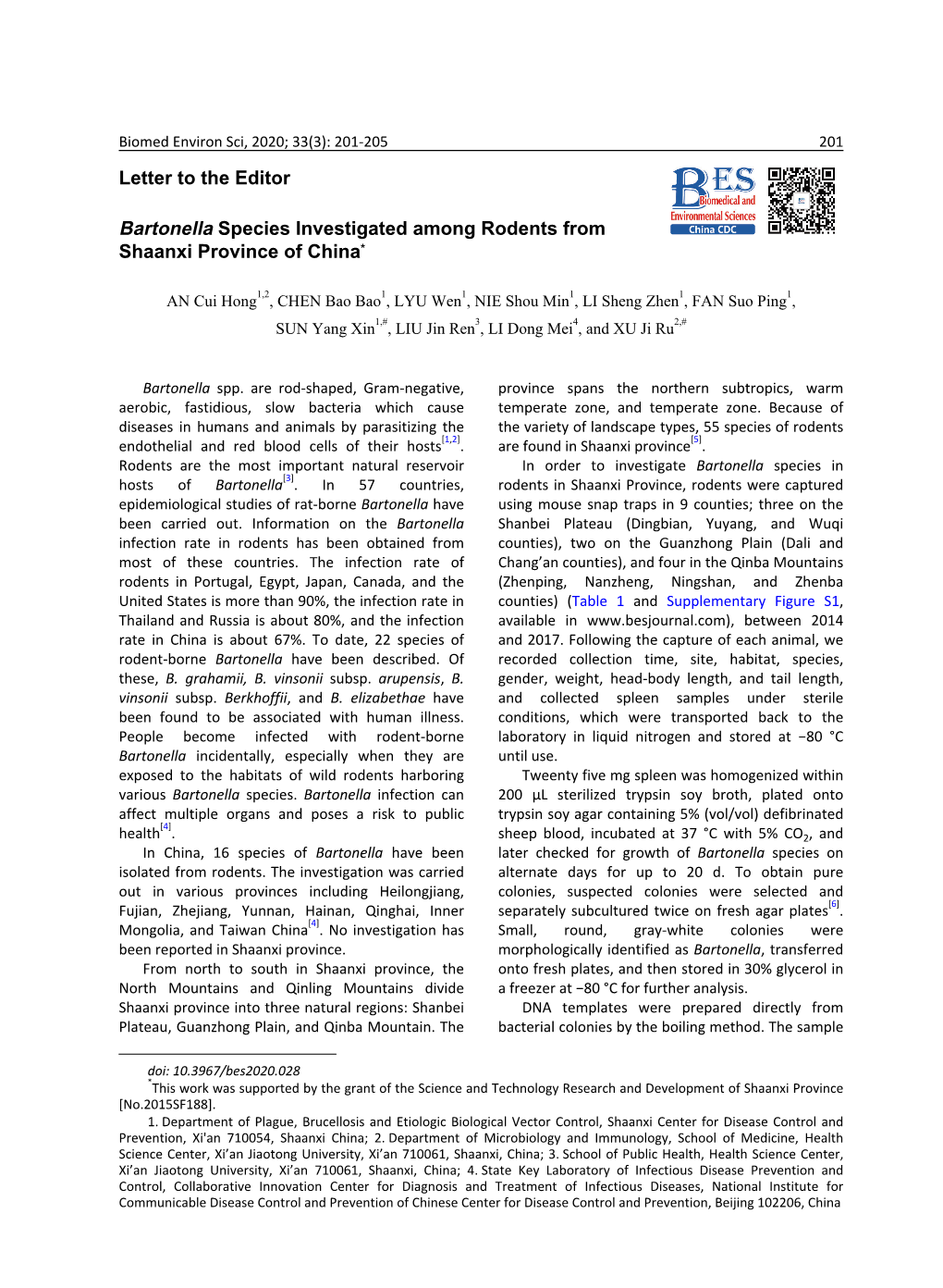 Letter to the Editor Bartonella Species Investigated Among Rodents From