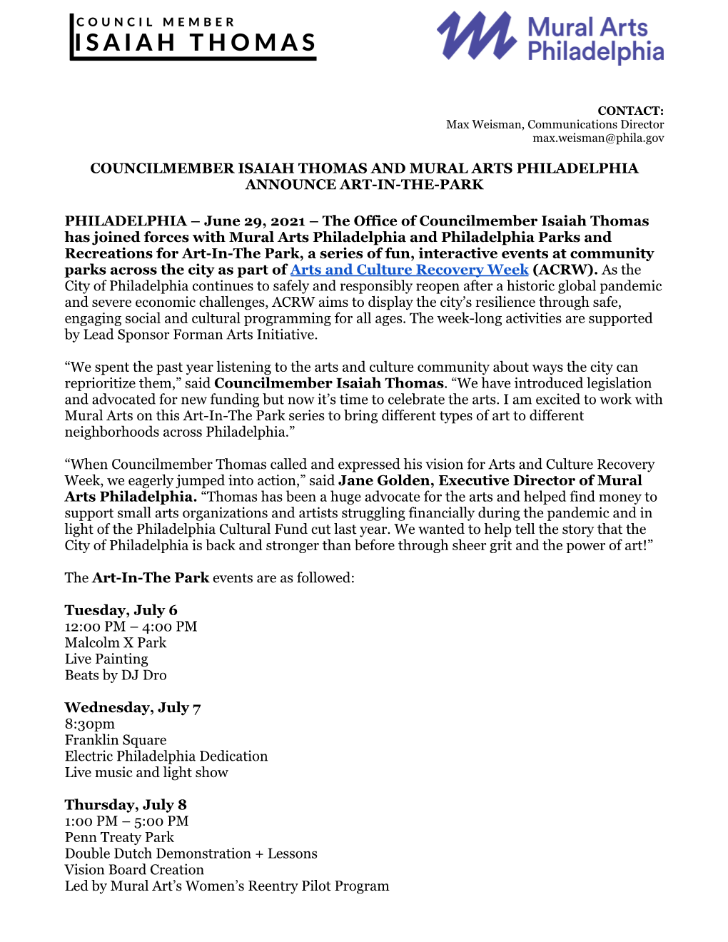 Art-In-The-Park Press Release