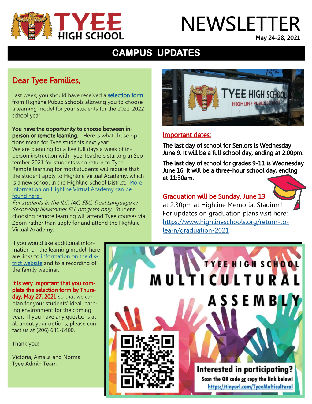 NEWSLETTER May 24-28, 2021 CAMPUS UPDATES