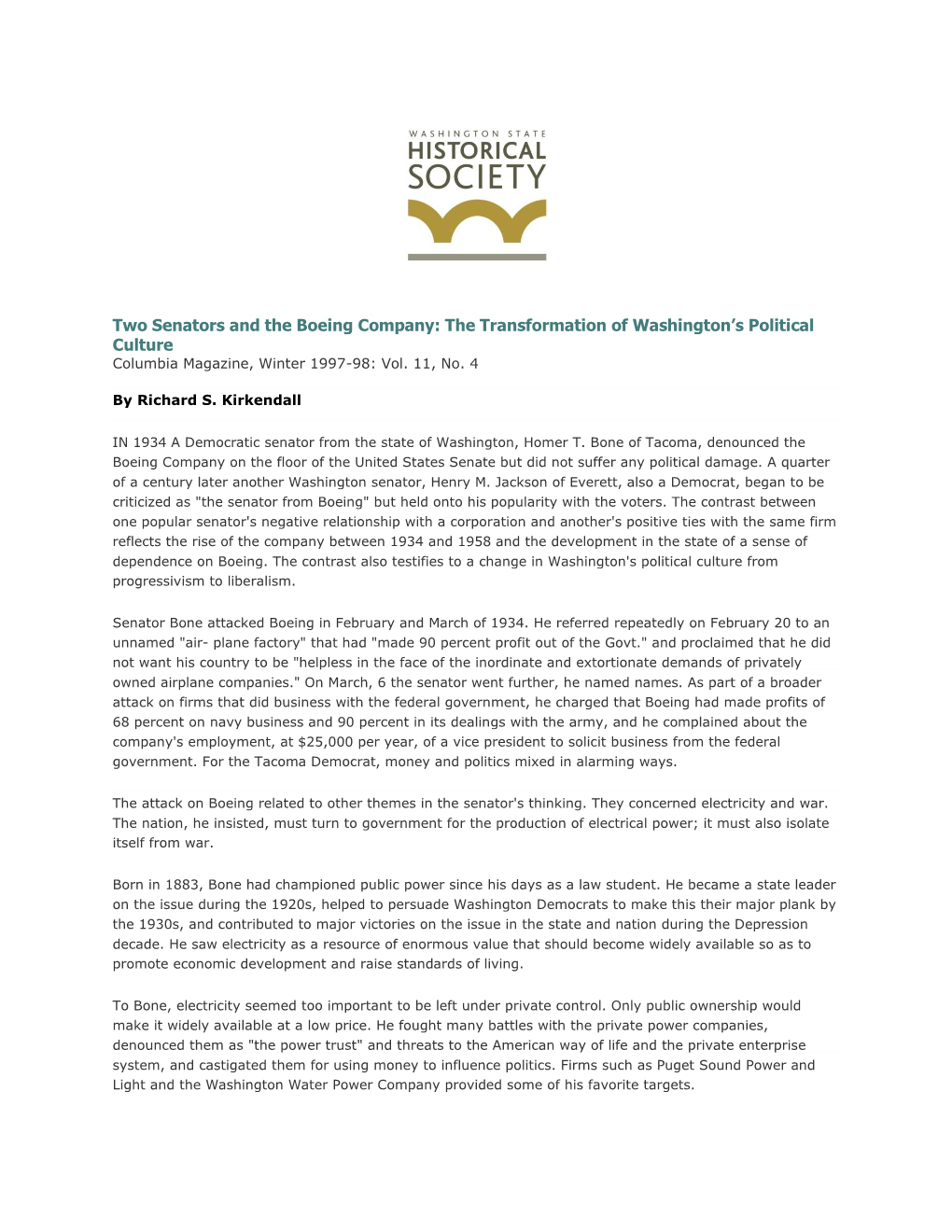 Two Senators and the Boeing Company: the Transformation of Washington’S Political Culture Columbia Magazine, Winter 1997-98: Vol