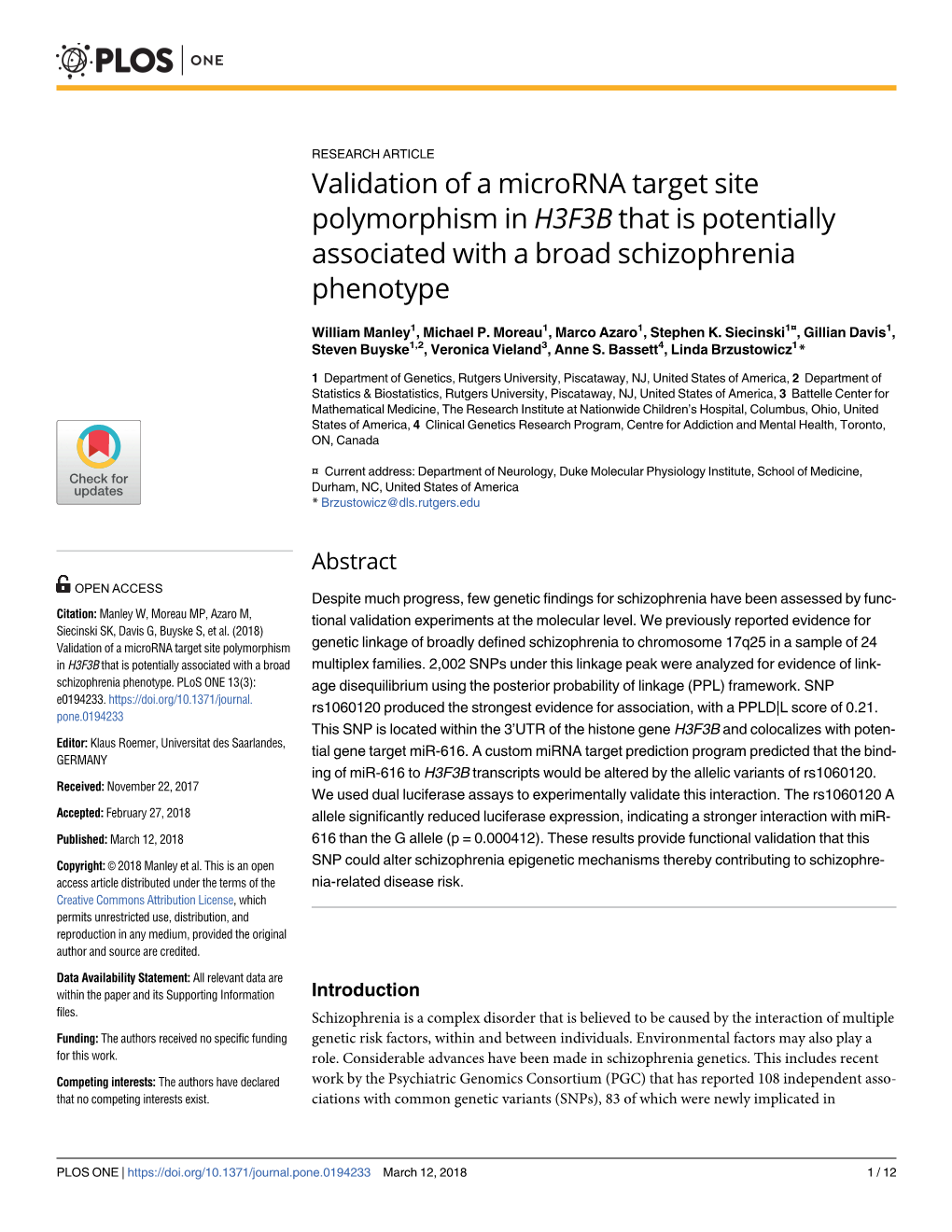 Validation of a Microrna Target Site Polymorphism in H3F3B That Is Potentially Associated with a Broad Schizophrenia Phenotype