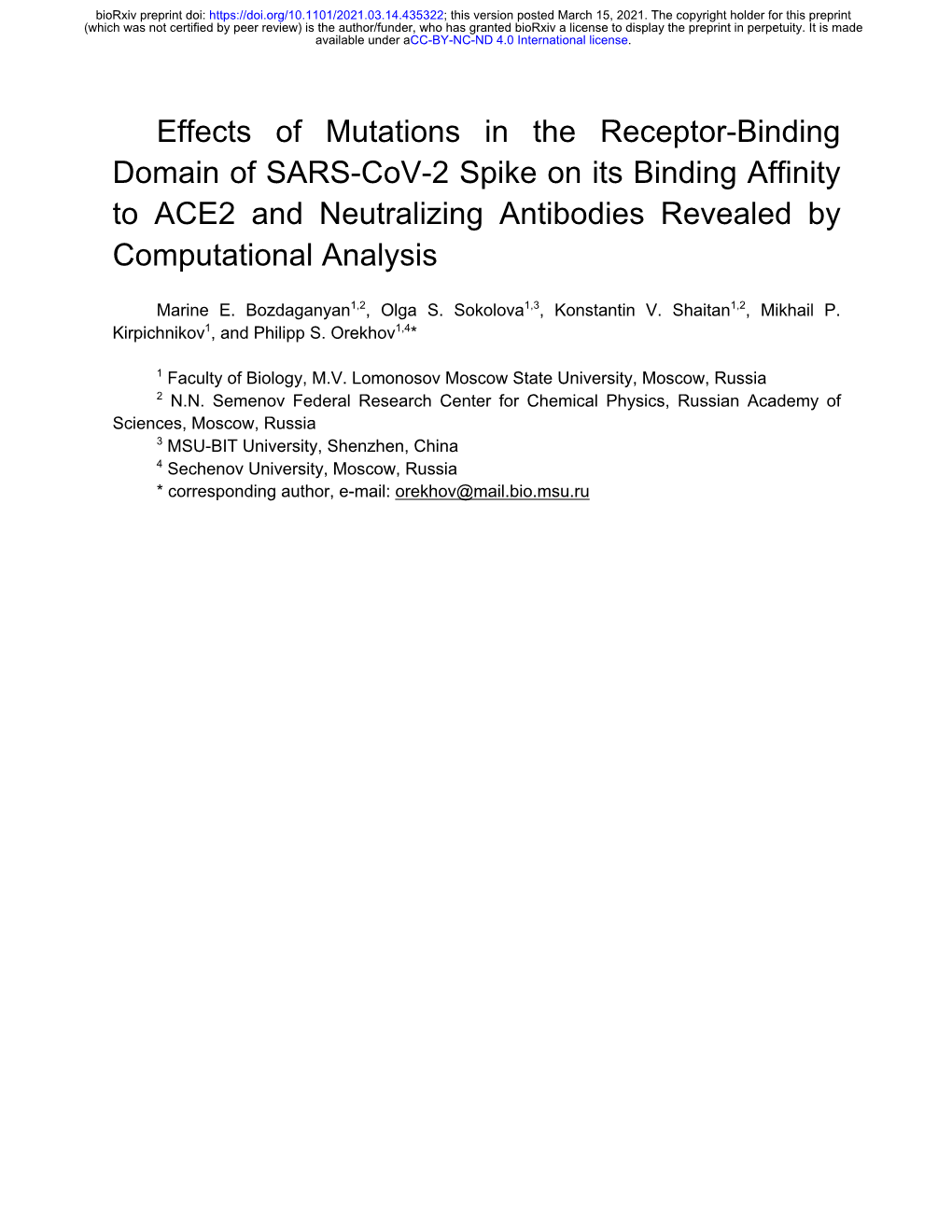 Effects of Mutations in the Receptor-Binding Domain of SARS-Cov-2 Spike on Its Binding Affinity to ACE2 and Neutralizing Antibod