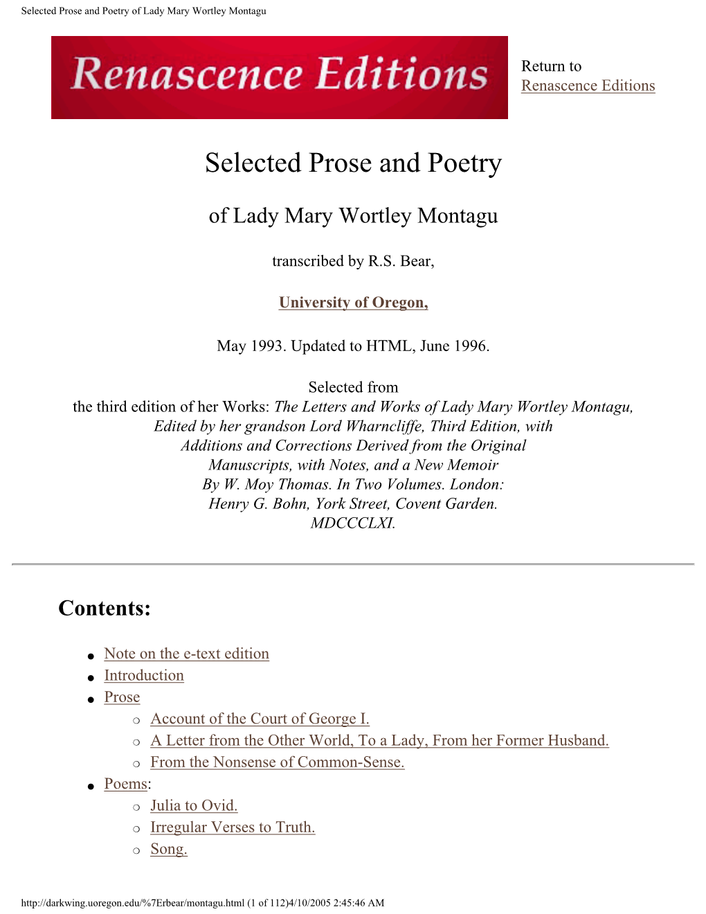 Selected Prose and Poetry of Lady Mary Wortley Montagu