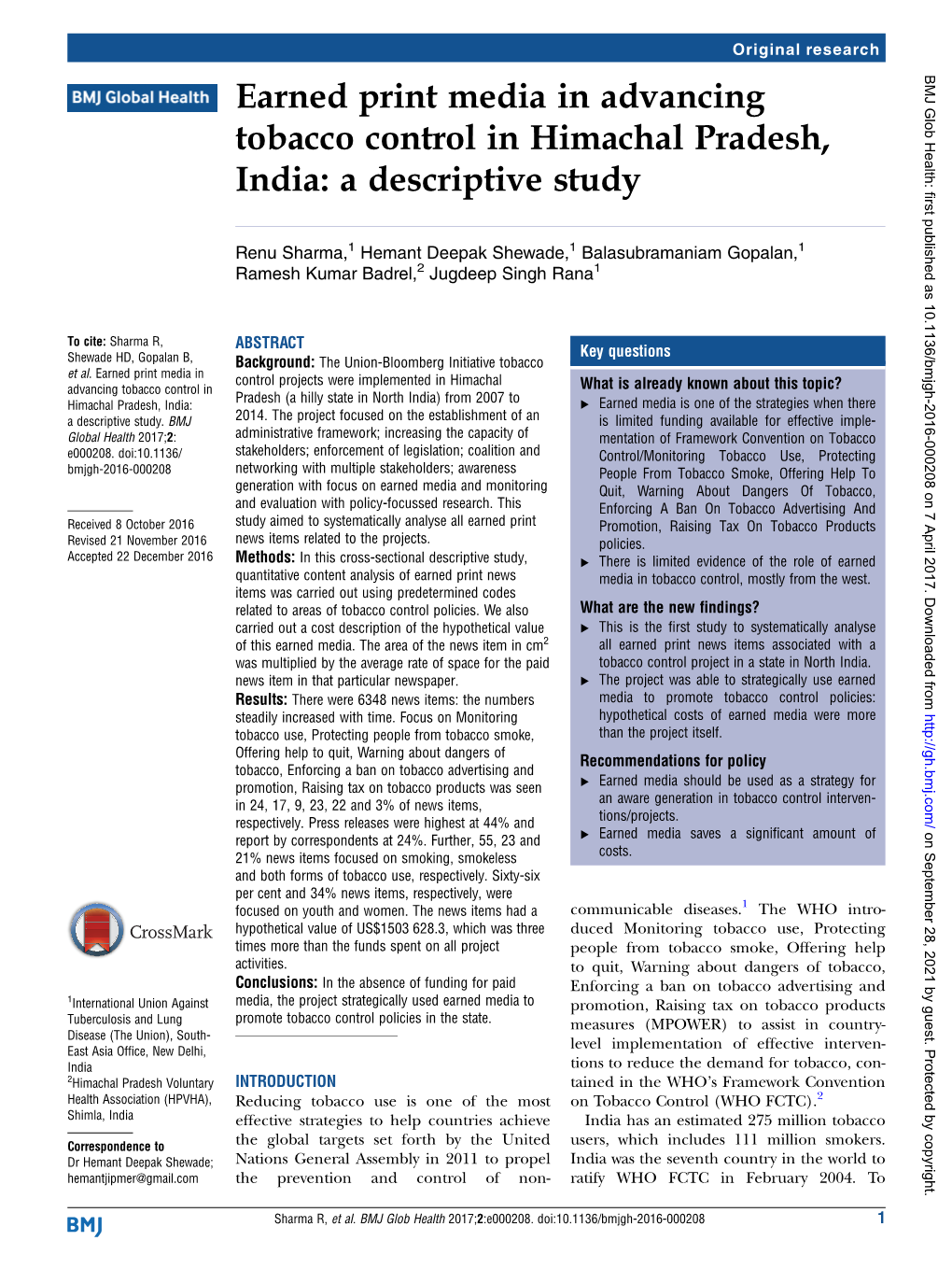 Earned Print Media in Advancing Tobacco Control in Himachal Pradesh, India: a Descriptive Study