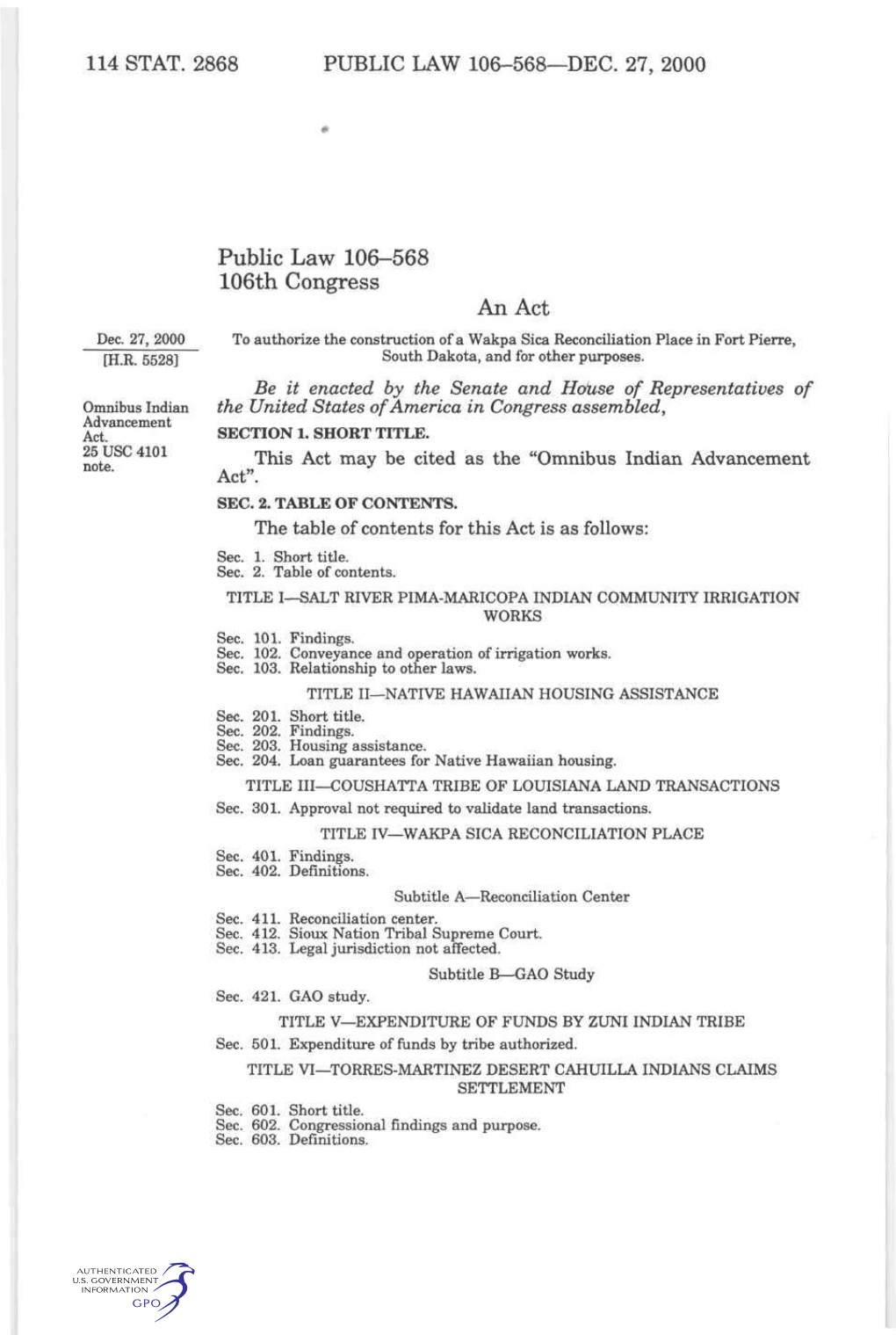 114 Stat. 2868 Public Law 106-568—Dec. 27, 2000
