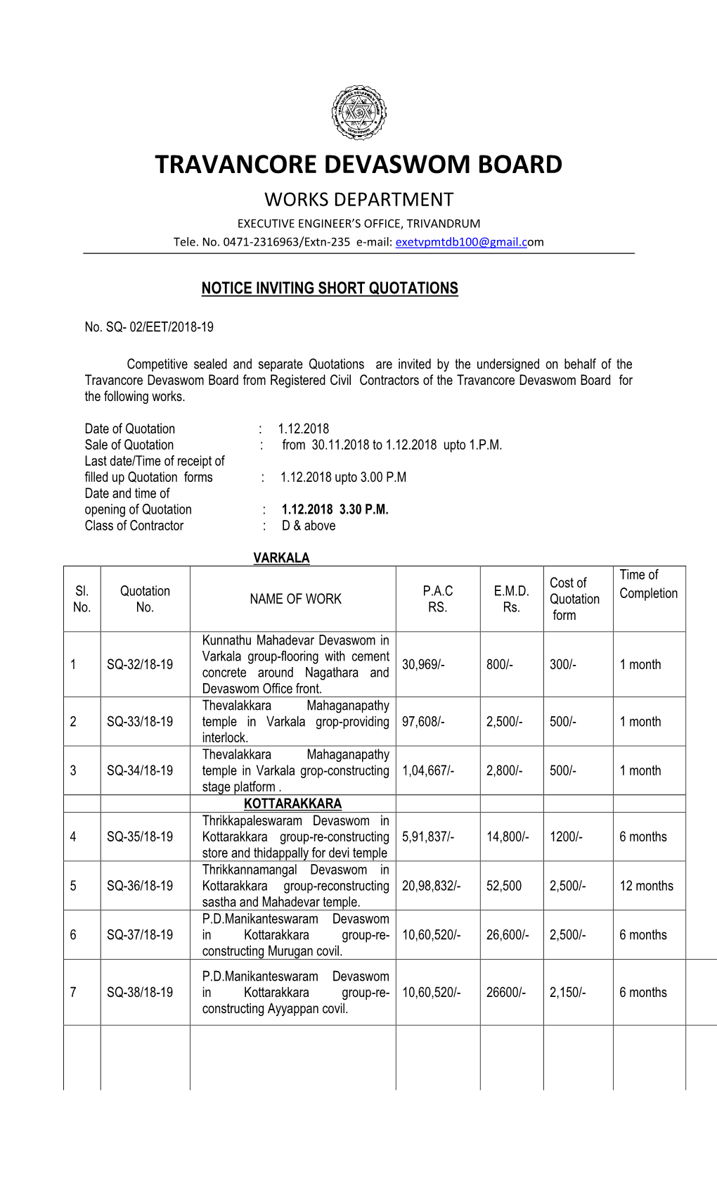 TRAVANCORE DEVASWOM BOARD WORKS DEPARTMENT EXECUTIVE ENGINEER’S OFFICE, TRIVANDRUM Tele