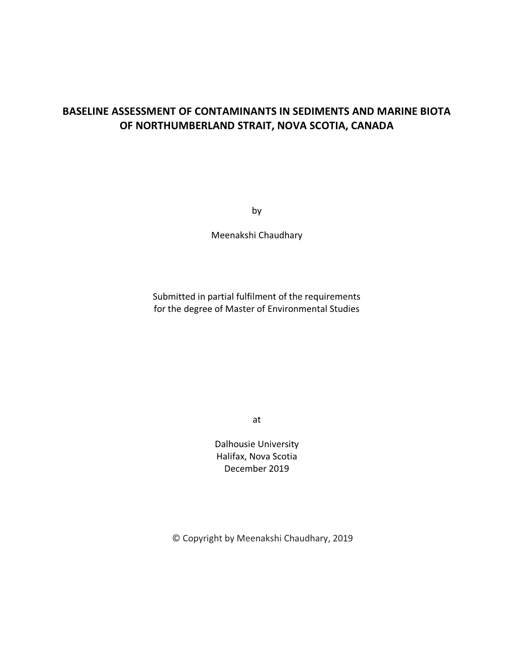 Baseline Assessment of Contaminants in Sediments and Marine Biota of Northumberland Strait, Nova Scotia, Canada