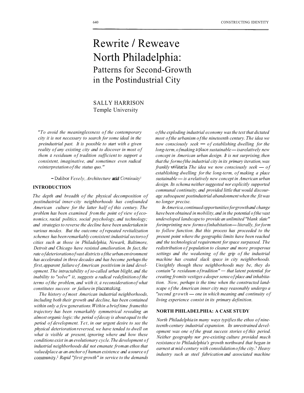 Rewrite / Reweave North Philadelphia: Patterns for Second-Growth in the Postindustrial City