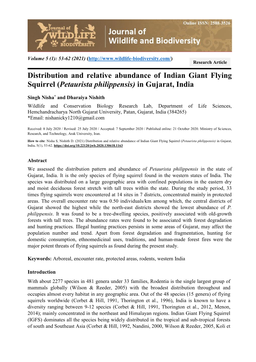 Distribution and Relative Abundance of Indian Giant Flying Squirrel (Petaurista Philippensis) in Gujarat, India