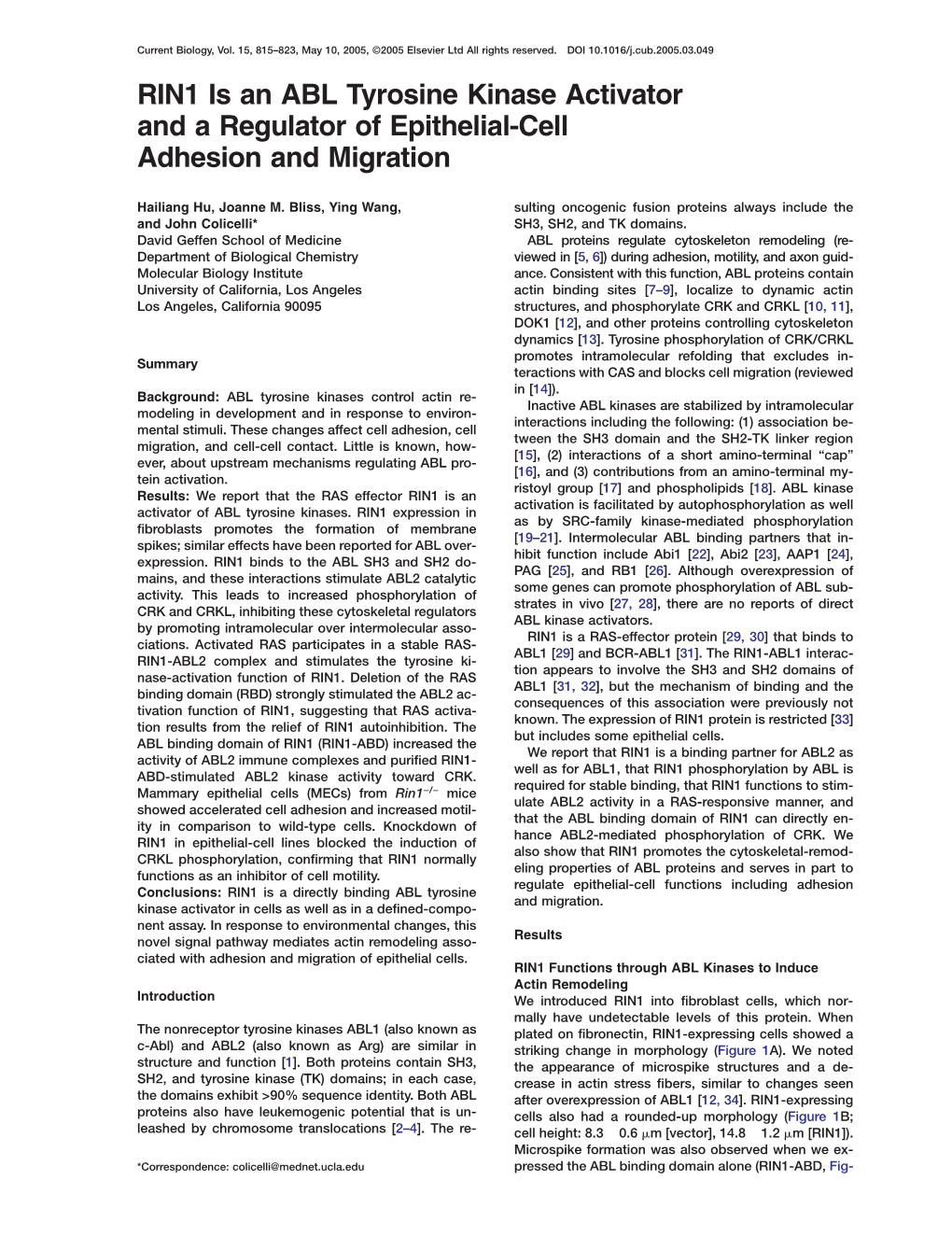 RIN1 Is an ABL Tyrosine Kinase Activator and a Regulator of Epithelial-Cell Adhesion and Migration