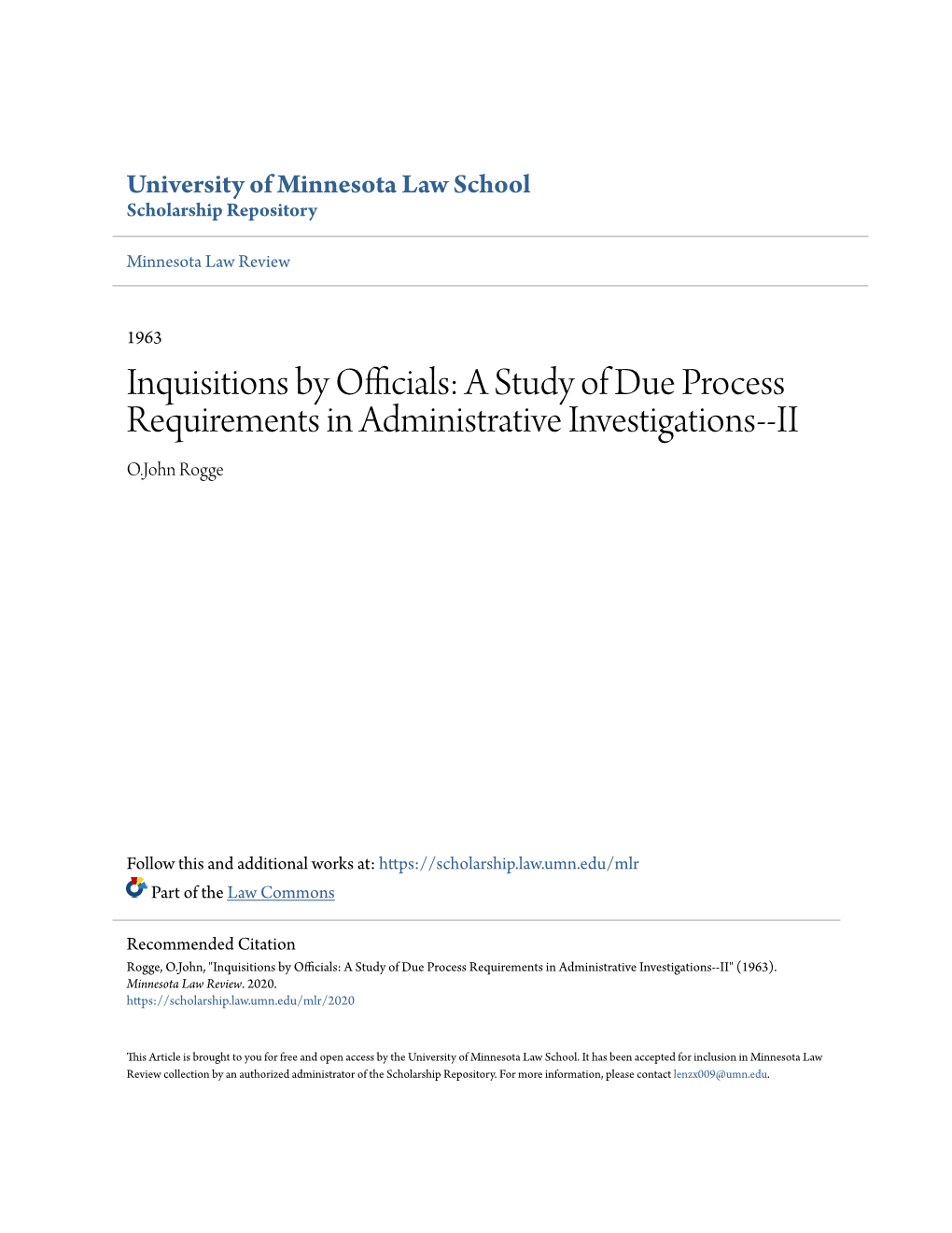 A Study of Due Process Requirements in Administrative Investigations--II O.John Rogge