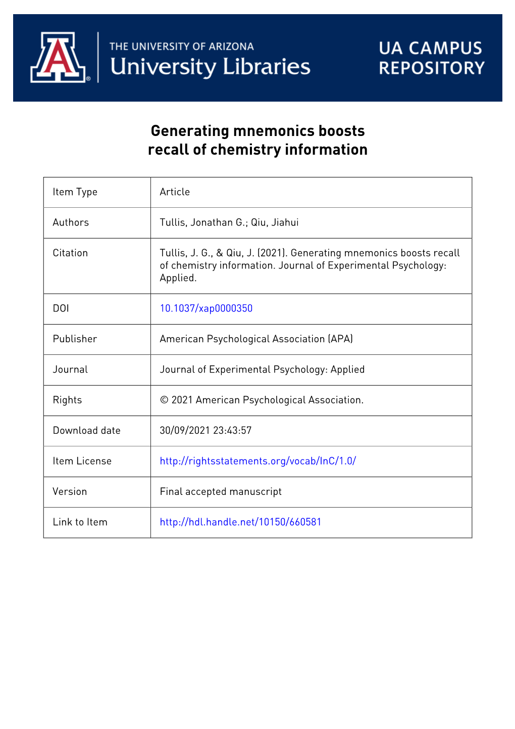 Generating Mnemonics Boosts Recall of Chemistry Information Jonathan G