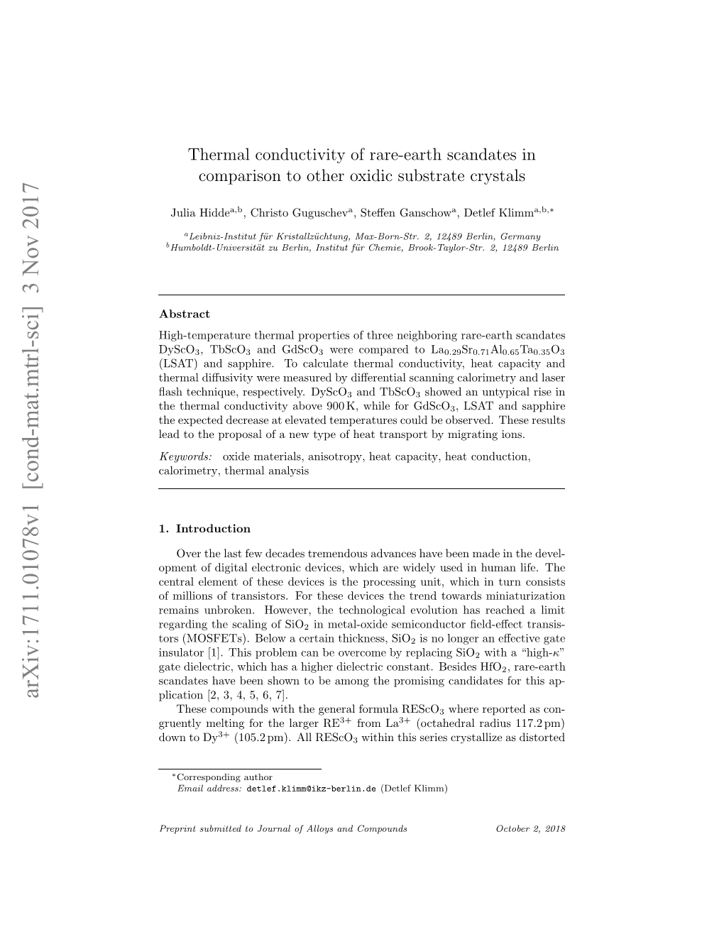 Thermal Conductivity of Rare-Earth Scandates in Comparison to Other