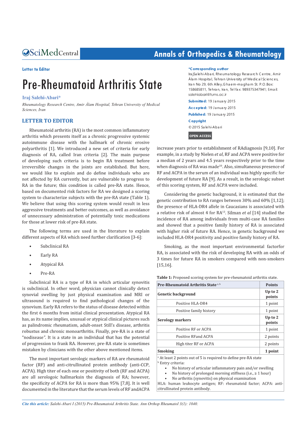 Pre-Rheumatoid Arthritis State