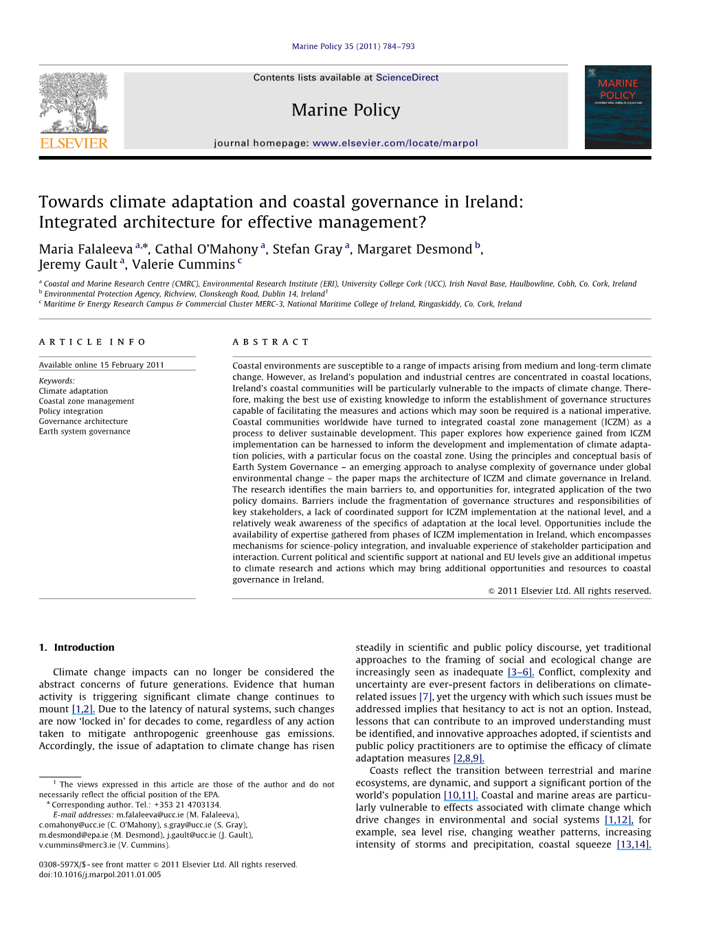 Falaleeva Et Al. 2011. Climate Adaptation & Coastal Governance