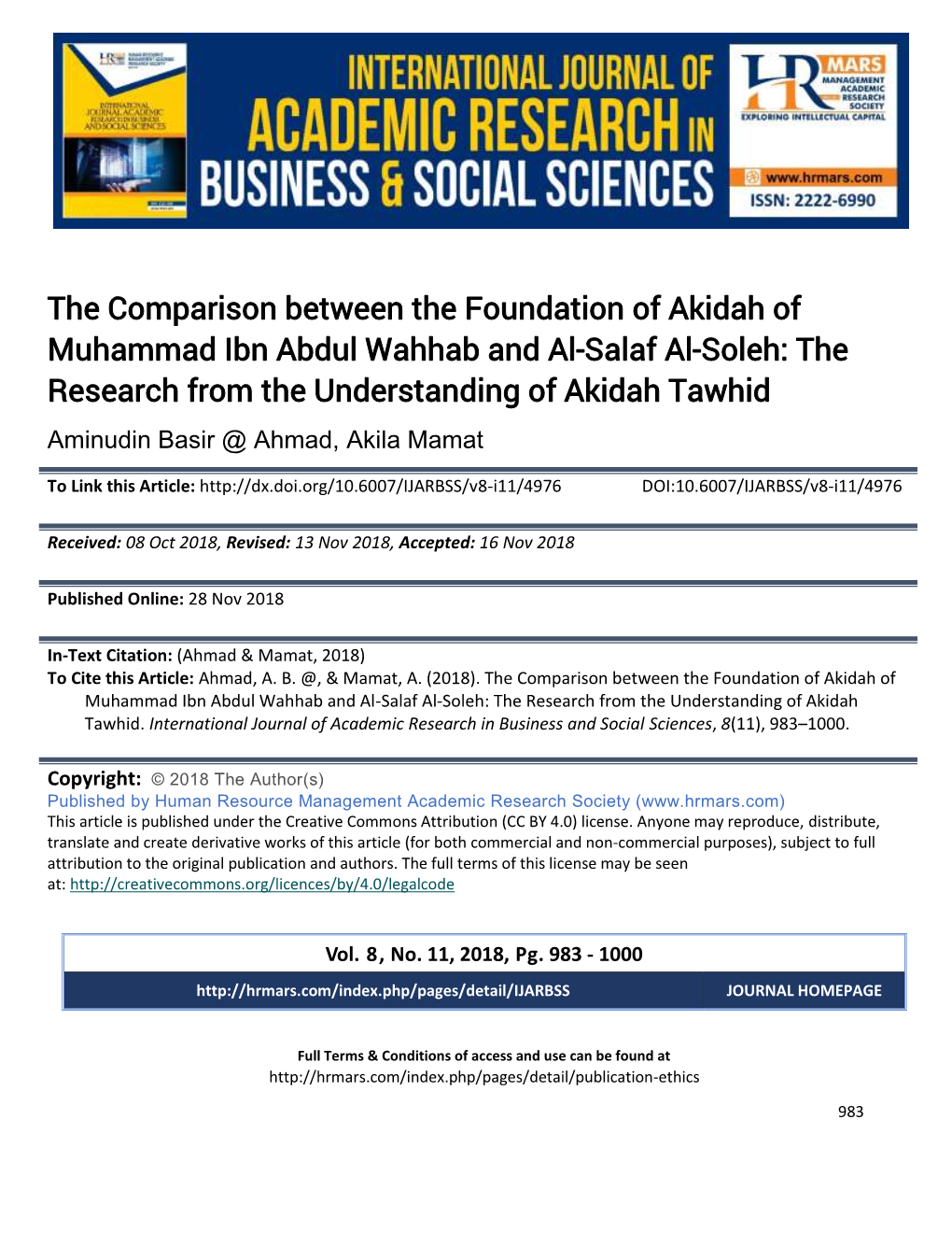 The Comparison Between the Foundation of Akidah of Muhammad Ibn Abdul Wahhab and Al-Salaf Al-Soleh: the Research from the Understanding of Akidah Tawhid