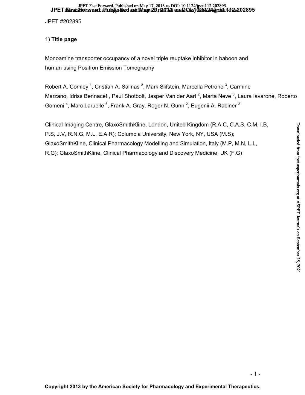 JPET #202895 1) Title Page Monoamine Transporter Occupancy