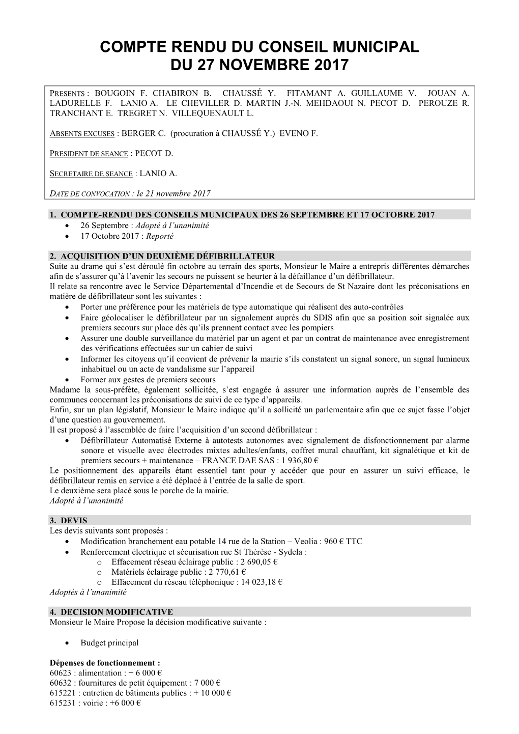 Compte Rendu Du Conseil Municipal Du 27 Novembre 2017