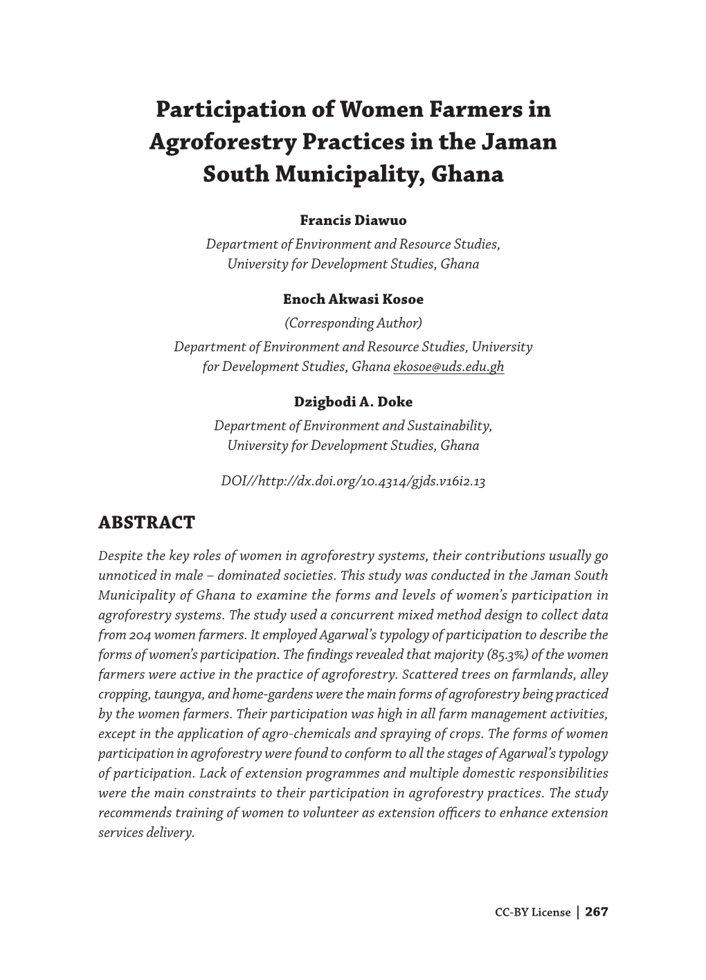 Participation of Women Farmers in Agroforestry Practices in the Jaman South Municipality, Ghana