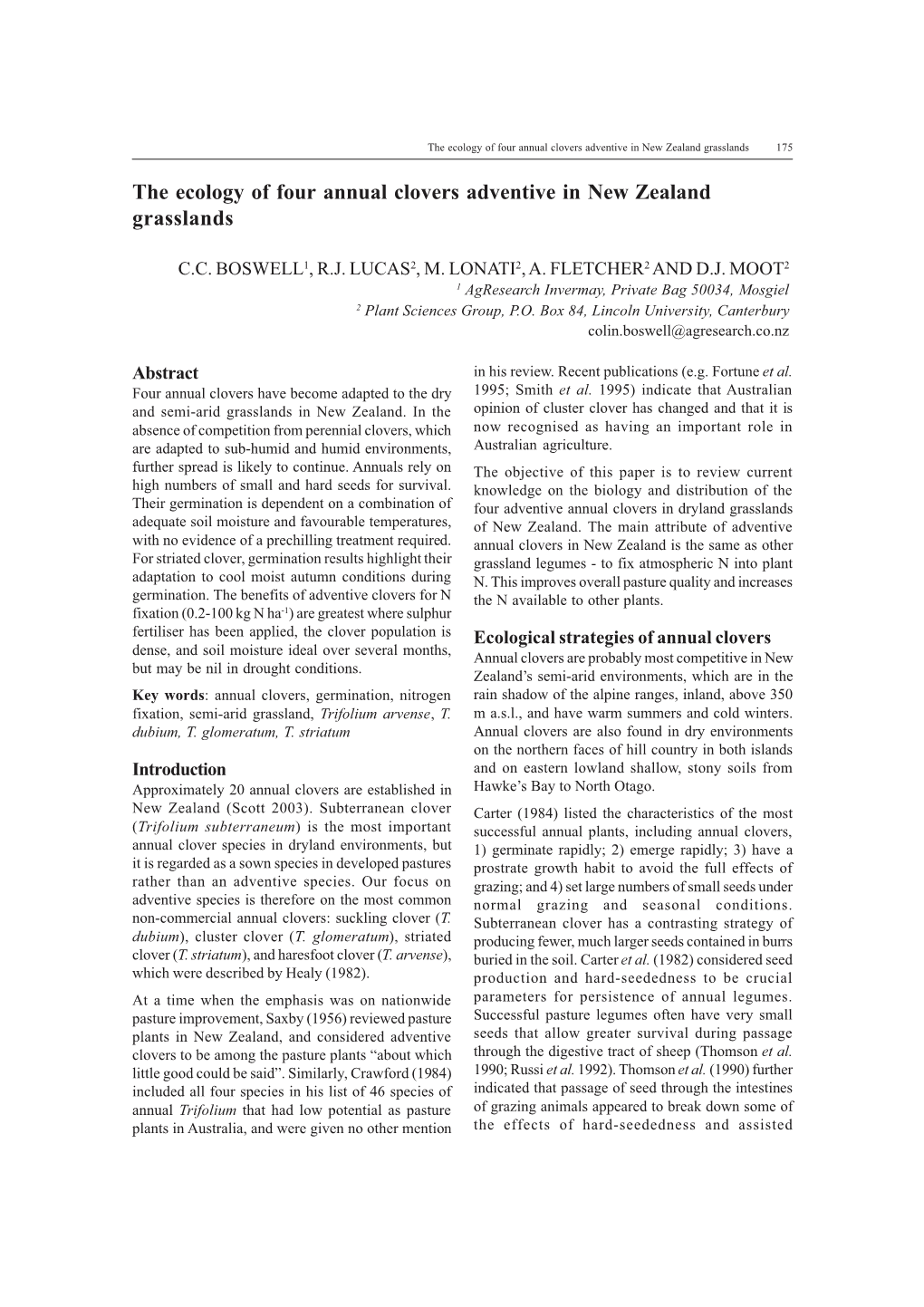 The Ecology of Four Annual Clovers Adventive in New Zealand Grasslands 175