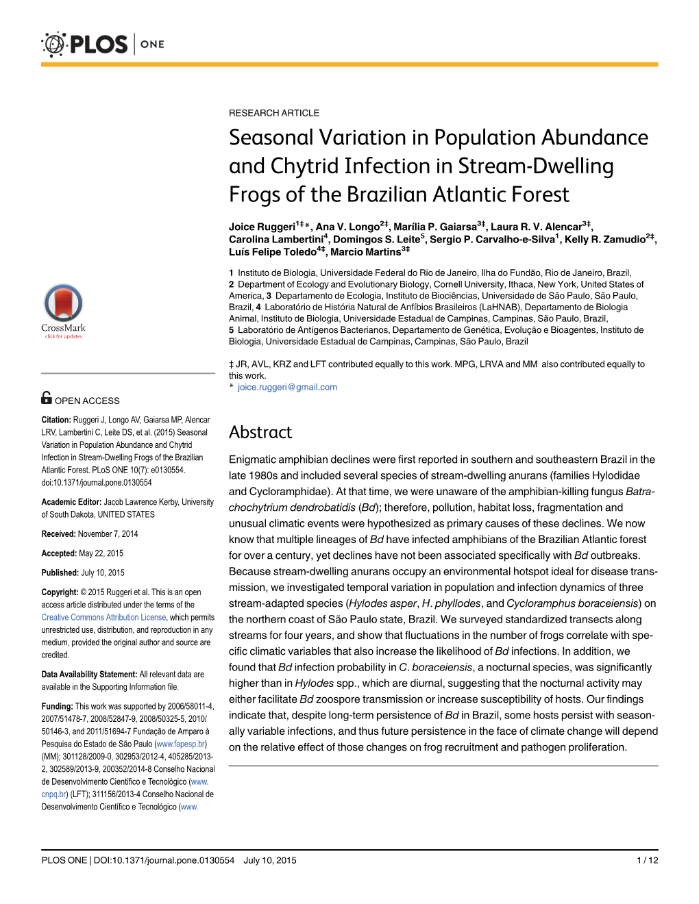 Seasonal Variation in Population Abundance and Chytrid Infection in Stream-Dwelling Frogs of the Brazilian Atlantic Forest