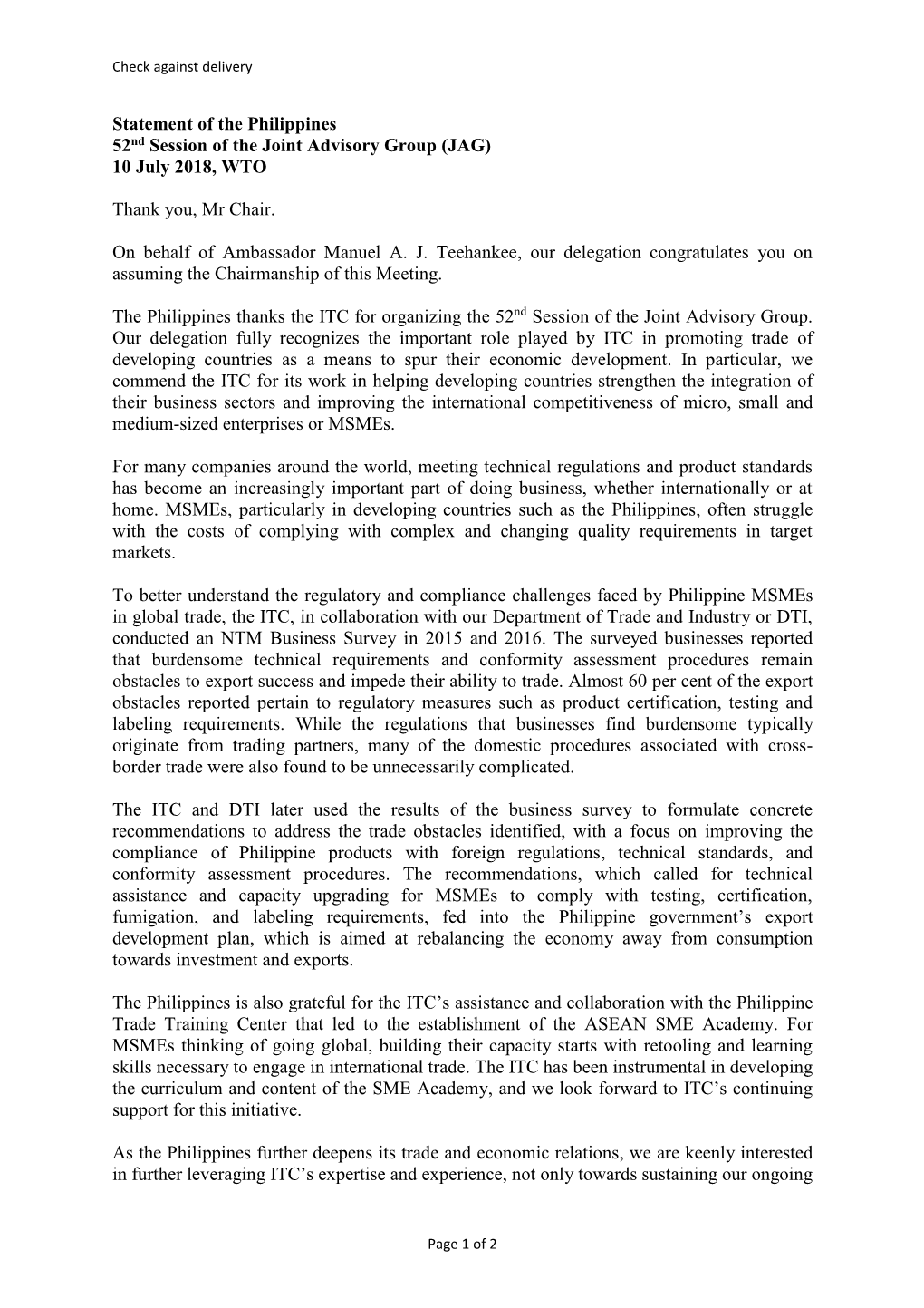 Statement of the Philippines 52Nd Session of the Joint Advisory Group (JAG) 10 July 2018, WTO