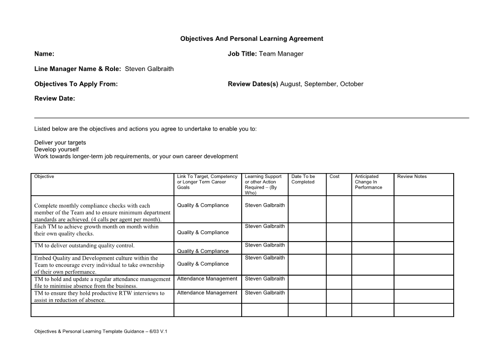 Objectives and Personal Learning Agreement