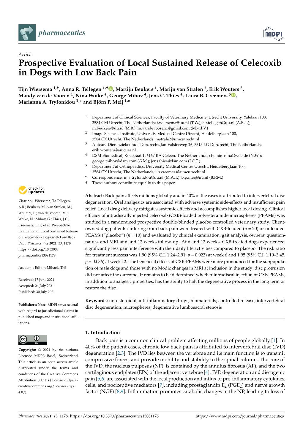 Prospective Evaluation of Local Sustained Release of Celecoxib in Dogs with Low Back Pain