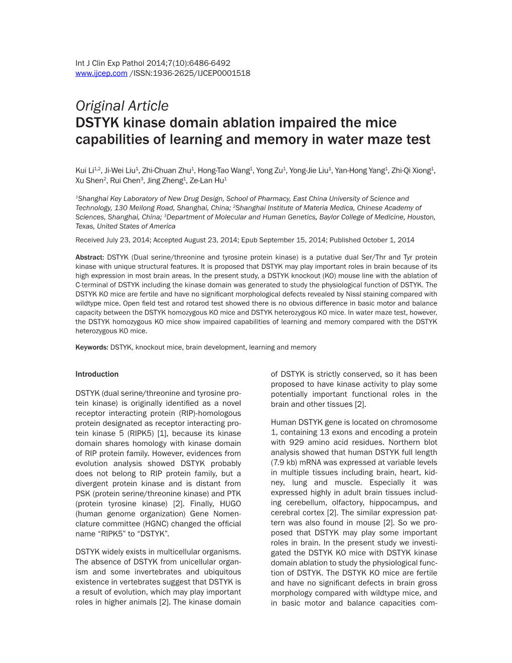 Original Article DSTYK Kinase Domain Ablation Impaired the Mice Capabilities of Learning and Memory in Water Maze Test