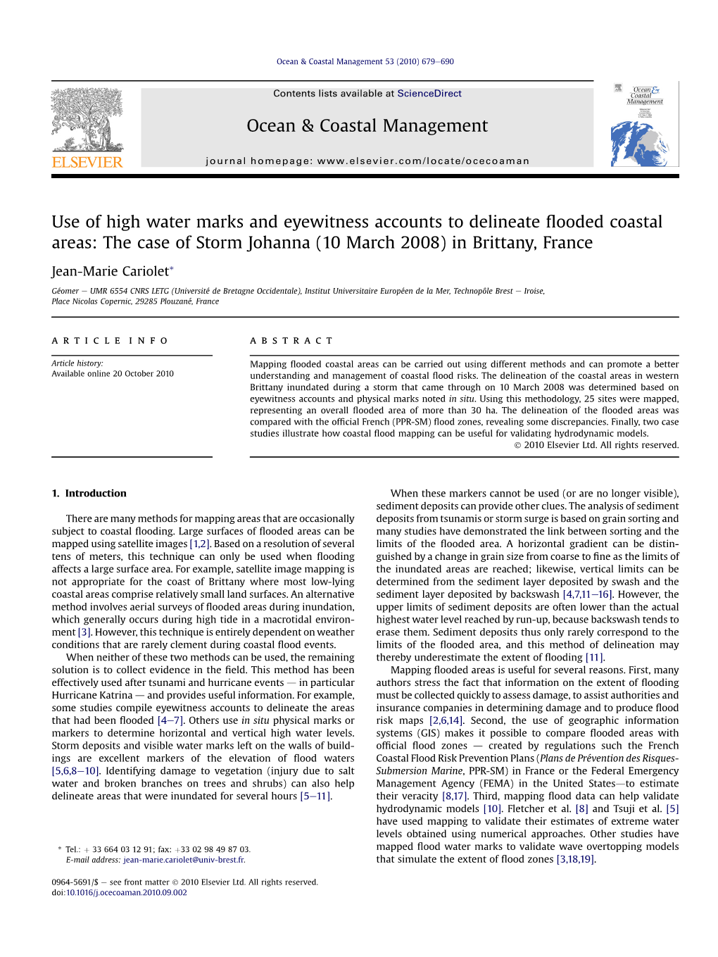 Use of High Water Marks and Eyewitness Accounts to Delineate ﬂooded Coastal Areas: the Case of Storm Johanna (10 March 2008) in Brittany, France