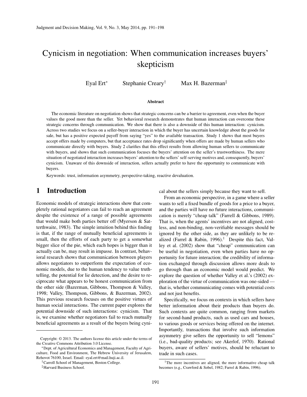 Cynicism in Negotiation: When Communication Increases Buyers’ Skepticism