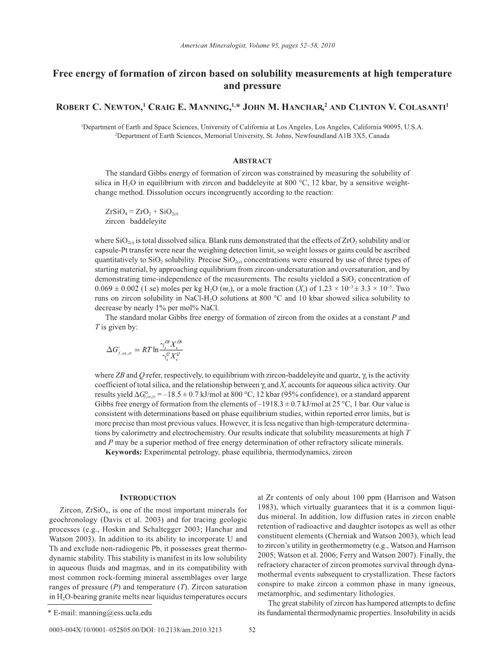 Free Energy of Formation of Zircon Based on Solubility Measurements at High Temperature and Pressure